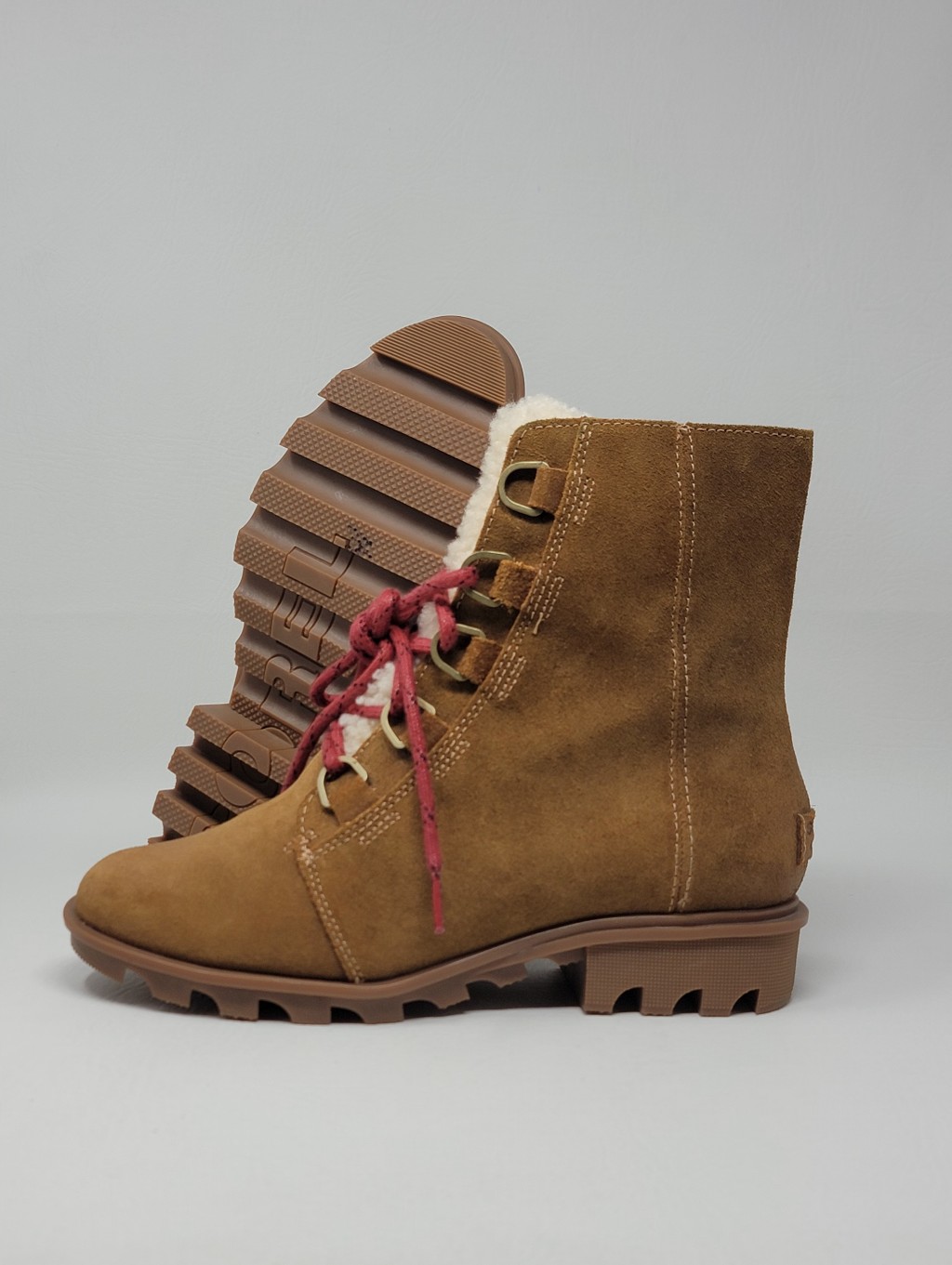 Sorel Women Phoenix Boot Size 8 Tan Suede Waterproof Lace Up Sherpa Lug Bootie